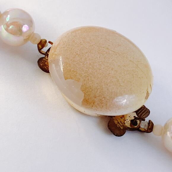 Vintage 1950s Mid Century Glass Bead Statement Necklace Cream Brown Chunky READ - Picture 7 of 13